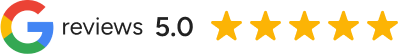 Google reviews rating of 5.0 depicted with five yellow stars, reflecting outstanding customer satisfaction in outdoor living and patio solutions.