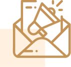 An icon of an open envelope containing a megaphone, symbolizing digital marketing notifications or announcements. The design features a clean, minimalist style with a beige outline against a light background.