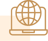 Icon of a laptop with a globe emerging from the screen, symbolizing global connectivity and marketing reach. The design features brown lines on a beige background, reminiscent of outdoor living spaces.