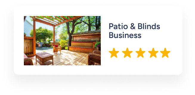 A beautiful outdoor patio with wooden flooring, comfortable seating, and lush greenery. A pergola offers shade, perfect for outdoor living. The right side features text: "Patio & Blinds Business" with a five-star rating below it.