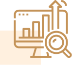 An icon depicting a computer monitor with bar graphs, an upward arrow, and a magnifying glass symbolizes digital marketing growth analytics.