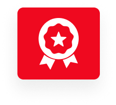 A red square icon features a white award ribbon with a star in the center, symbolizing achievement or excellence in outdoor living.