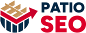 Logo for Patio SEO featuring a stylized red arrow and brown-striped graphic resembling a patio design, with the text "PATIO SEO" in bold letters. Perfect for capturing the essence of outdoor marketing and expertise, akin to expertly installed outdoor blinds.