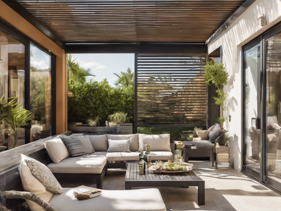 A stylish outdoor patio featuring a comfortable sectional sofa with cushions, a wooden coffee table set with drinks and snacks, and lush greenery. The area is partially covered with a slatted pergola allowing sunlight to filter through.