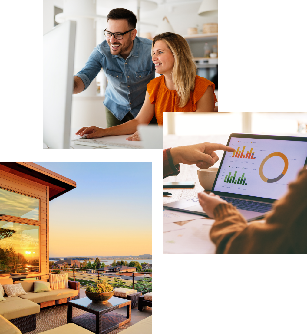 A man and woman smile while looking at a computer in an office. Another image shows a person pointing at a tablet displaying charts. A third image beautifully captures a sunset view of a patio, showcasing outdoor living with scenic landscape and cozy seating.