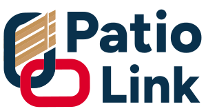 Logo of PatioLink featuring stylized chain links and the text "Patio Link" in navy blue. One chain link is wooden-textured and the other is red.