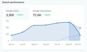 Line graph showing search performance from June to December 2024. Google clicks are 3,169, up 1254%. Google impressions are 72.6K, up 944%. Both metrics peaked in October, then declined slightly in November and December.