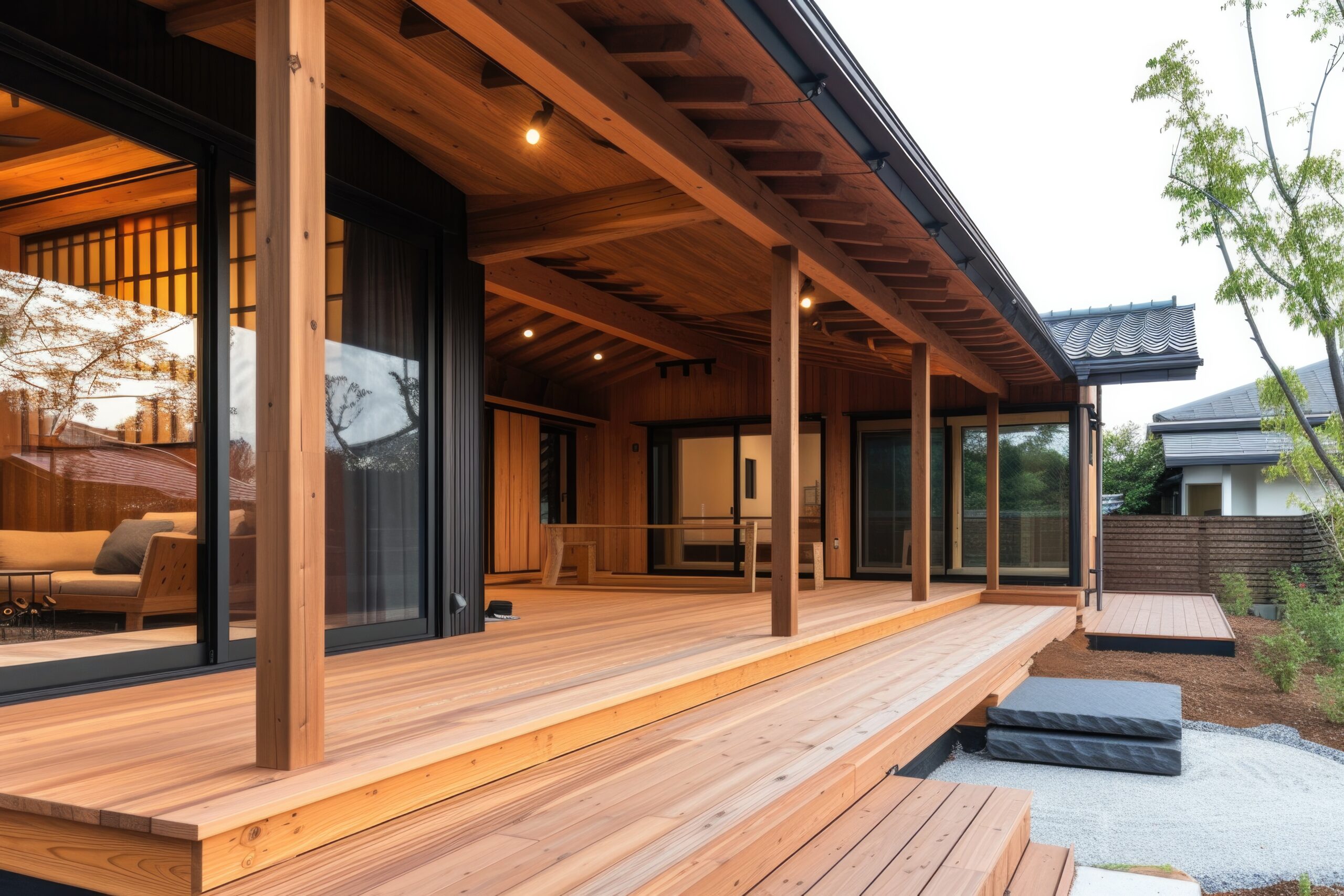 Modern wooden house with large glass doors opening onto a spacious deck. The structure, resembling a traditional Japanese architectural style, features clean lines and natural wood finishes. Perfect for those seeking tranquility while planning their next digital marketing strategy amidst greenery and gravel paths.