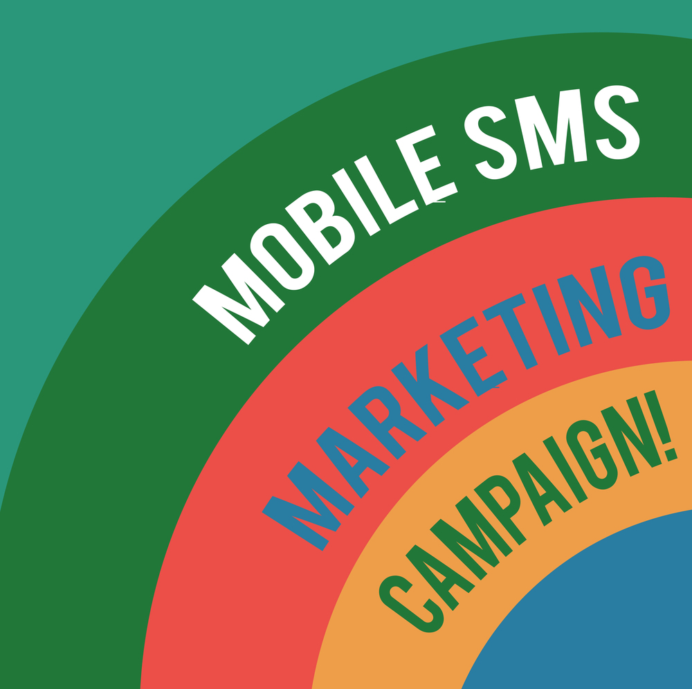 Graphic with overlapping curved bands in green, red, orange, and yellow. The text across the bands reads "Mobile SMS Marketing Campaign!.