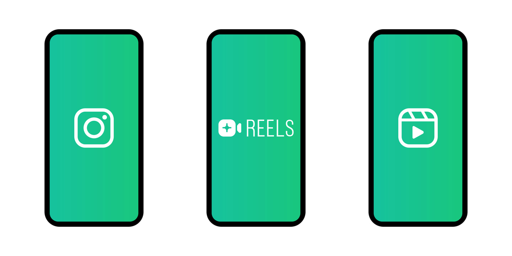 Three smartphone screens display different icons on a green background. The first screen shows the Instagram logo, the second says "Reels," and the third features a video camera icon.