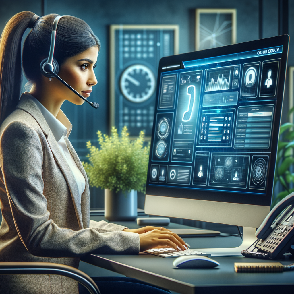 A woman in a beige blazer and headset works at a computer with a futuristic interface in an office. A potted plant and landline phone are on the desk. A clock and abstract posters adorn the wall.